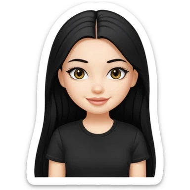 a pretty bratz fair girl with straight long black hair, wearing a black tshirt, smiling, eyeliner on sticker
