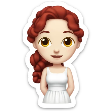 30-something pale-skinned woman with all her dark red hair coiled tightly on her head, wearing a white dress sticker