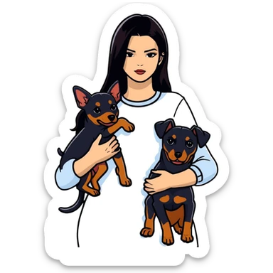 Kendall Jenner with long dark hair holds a Doberman Pinscher in her arms sticker