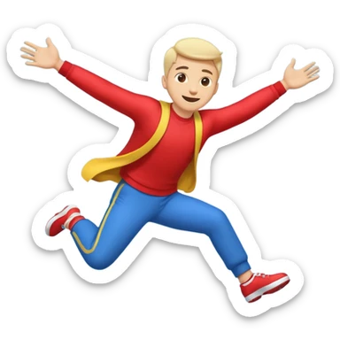 A cartoon-style emoji of a man flying backwards, leaning backward as if levitating from music, arms spread, energetic and joyful, simple bold lines, bright colors, minimal background, perfect for social media emoji, high contrast, small icon size sticker