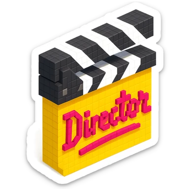 voxel style movie clapperboard with a bold director's signature, isometric view sticker