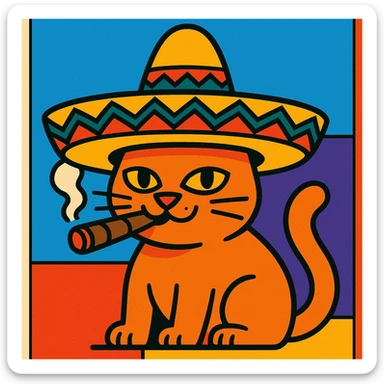 gato con sombrero y un puro, estilo cartoon colorido sticker