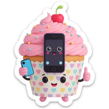 Change the cupcake wrapper pattern to pastel hearts, keep the rest of the 3D kawaii cupcake character the same, no background, transparent PNG. The style is 3D kawaii cupcake character with a focus on pastel colors and a cute appearance. sticker