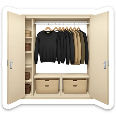 Cute closet with door ajar revealing black long sleeve shirts, sweaters, and khaki work pants hanging organized sticker