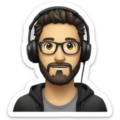 White music producer with dark hair, a scruffy beard, and glasses with round transparent frames, wearing headphones sticker
