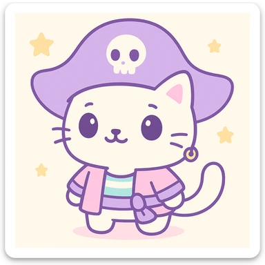 Male pirate cat in kawaii style with an oversized purple hat, cute face, white fur, and a gold earring. sticker
