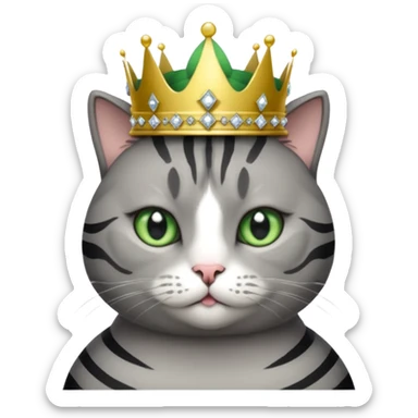 Gatito gris oscura con rayas negras ojos verdes vestida de reina con coronas y diamantes, más peluda y gordita  sticker