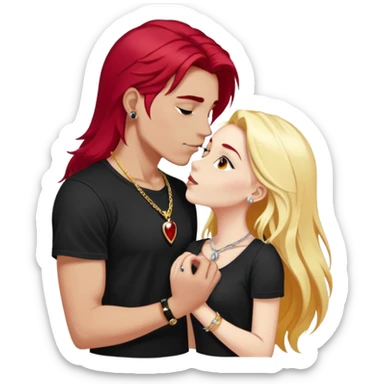 close-up of young couple kissing, girl with long cherry red hair and blonde eyebrows, gold A necklace, diamond ring, red bracelet, boy with stark white hair, silver ring with black stone, dark t-shirt sticker