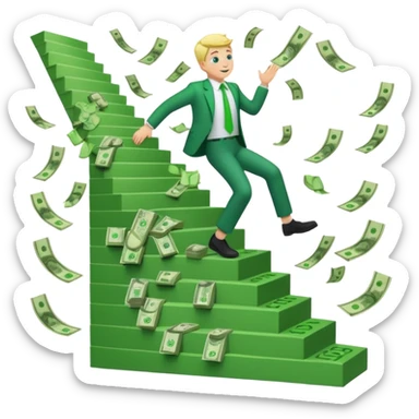 Emoji-style 3D illustration of a person climbing stairs made of money labeled “$10K” and “$20K”, with confetti and upward green arrows, bright optimistic lighting sticker