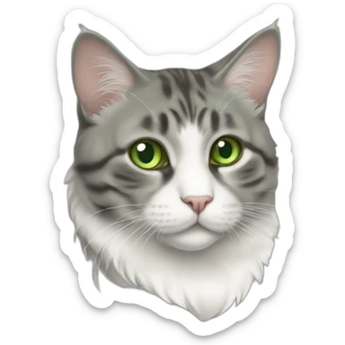 Fat Green eyed American bobtail cat grey and White fur sticker