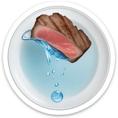 glass of water suspended horizontally in the air above a slice of rare steak on a plate, the water pouring out onto the top of the steak sticker
