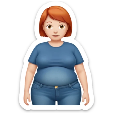 Lazy old Short woman with straight short red hair and fat tummy..wears jeams and full tahirt sticker