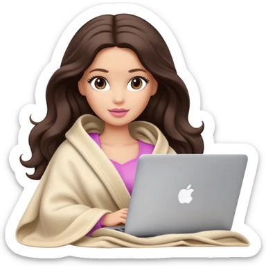 Barbie girl with a long wavy dark brown hair inside a pale beige blanket working macbook  sticker