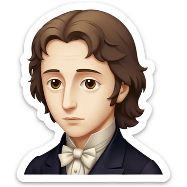 Cinematic Realistic Chopin Pop Culture Emoji, featuring an evocative portrayal of the legendary composer rendered with delicate textures and emotive, dynamic lighting. sticker