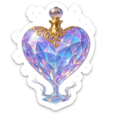 premium class crystal elixir bottle in heart shape, pastel gradient, lots of shine, facets, ornaments, golden details, magical effects, very small golden neck, transparent background, beautiful merging base, clearly floating in air, no ground or shadow, very luxurious, matching a collection sticker
