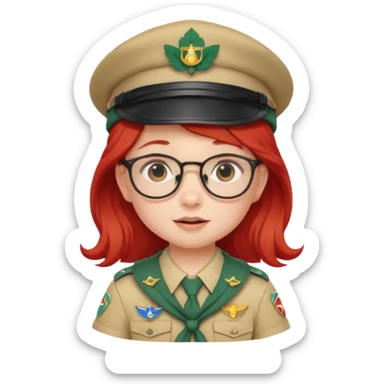 scout girl baby with uniform including the hat,  little with glassess and long red hair sticker