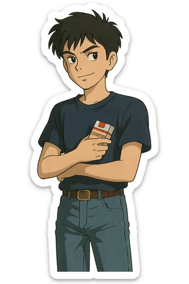 A cool teenager wearing jeans and a t.shirt holding a packet of cigarettes close to his body sticker