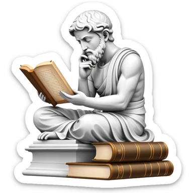 An icon featuring a Thinker statue, a scroll, symbolizing philosophy. The design includes books and abstract symbols representing deep thought and wisdom. Transparent background highlights the study of ideas, logic, and existential questions sticker