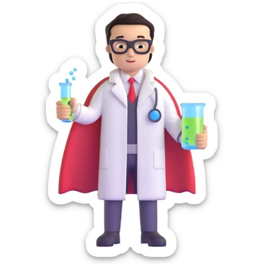 chemistry superhero with cape and lab coat holding a bubbling flask sticker