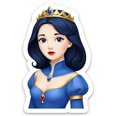 Cinematic Timeless Snow White Portrait Emoji, rendered in a clean, vector style. Depict Snow White with flawless porcelain skin, elegantly styled raven hair, and a serene, graceful expression, dressed in her classic blue and gold ensemble. The design features bold, simplified shapes, a soft, enchanting glow, and a subtle glowing outline, epitomizing pure, timeless beauty. sticker