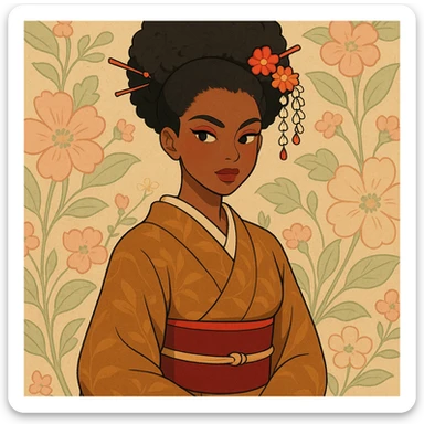 brown-skinned geisha inspired by the reference image, modern afro hairstyle with hair ornaments, elegant kimono, confident pose, bold makeup, floral background, stylized illustration sticker