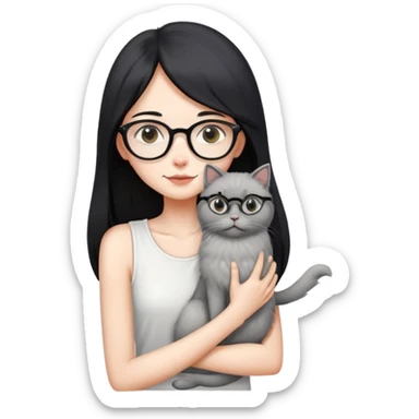 Skinny woman with oval glasses, long straight black hair, wearing white sleeveless top, hugging a grey Persian-Angora cat, plain background sticker