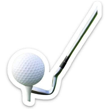 A golf ball on a tee with a golf club placed beside it, set against the backdrop of a well-manicured green golf course. The scene emphasizes the equipment and serene atmosphere of the sport, with soft lighting and a peaceful, open landscape sticker