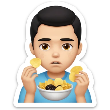 a PRETTY BRATZ boy with black hair, stuffing his face with chips and looking sad sticker