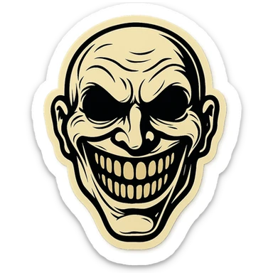 creepy scary face with wide smile, retro stickers style, sharp black outlines, simple but detailed drawing, clear shadows and highlights, no gradients sticker