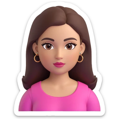 female memoji with oval face, warm light skin tone, rosy cheeks, elegant makeup with long eyelashes, defined eyeliner, light pink lips, long straight dark brown voluminous hair, arched eyebrows, dark brown eyes, colorful top, small visible tattoo on arm sticker