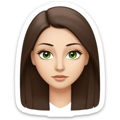 40 year old Adult woman avatar, light skin tone, oval face, long straight ashy brown hair, green almond-shaped eyes with dramatic eyelashes and minimal eyeliner, neutral mouth, medium straight eyebrows, small nose, smooth skin sticker