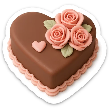 heart-shaped chocolate fondant cake with piped roses, transparent background sticker