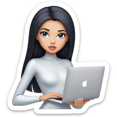 Glamours, tanned, very beautiful girl, with big pump peach-beige-rose lips, black straight smooth silky long hair, straight parting, blue-grey eyes, in white bodysuit holding MacBook sticker