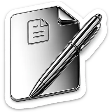 stylized chrome sheet of paper with a shiny pen placed diagonally, futuristic and smooth sticker