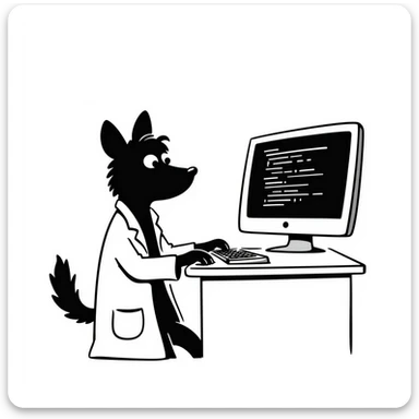 hand drawn doodle of dog computer scientist with a computer and lab coat sticker