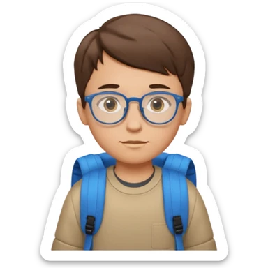 a boy with short brown hair and blue eyes, glasses, backpack sticker