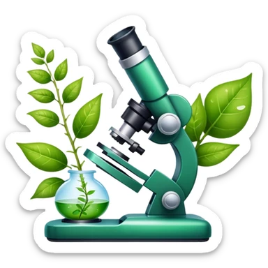 An icon featuring a microscope, a DNA strand, and a plant, symbolizing biology. The design includes animal cells, a leaf, and scientific formulas, representing the study of living organisms and ecosystems. Transparent background highlights biological research and discovery. sticker