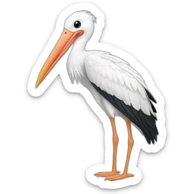  white stork. The stork is carrying a blue bundle of cloth in its beak that has a cute white baby face peeking out from it with black head sticker