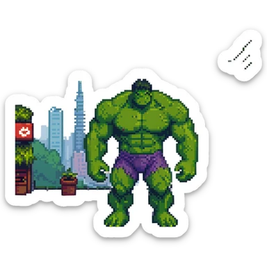 Hulk standing in a Japanese city, pixel art style sticker
