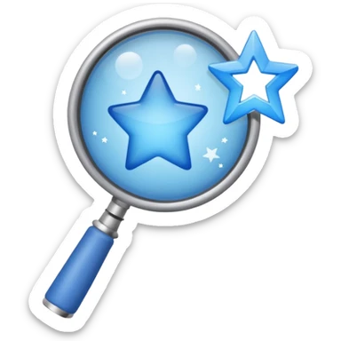 A blue left hand holding a magnifying glass which is showing blue stars sticker