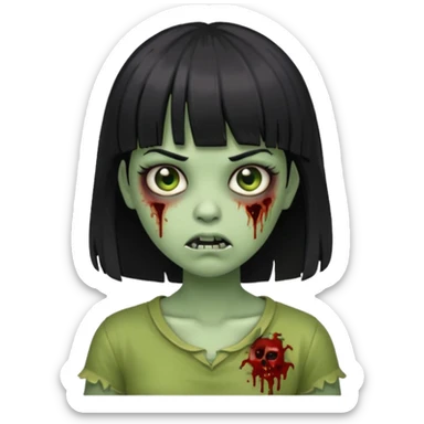 zombie girl with black hair and bangs, greenish skin sticker