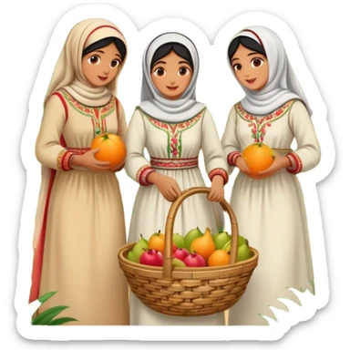 A nostalgic and culturally rich scene of Palestinian women dressed in traditional embroidered thobes harvesting fruit in an orchard. Their vibrant and intricately designed dresses reflect deep heritage, while their coordinated efforts—picking, sorting, and collecting fruit in a woven basket sticker