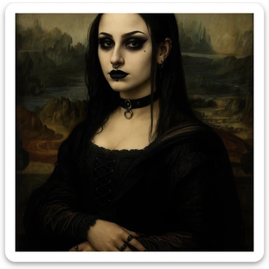 Mona Lisa reimagined as a goth, piercings, black nails, gothic vibe sticker