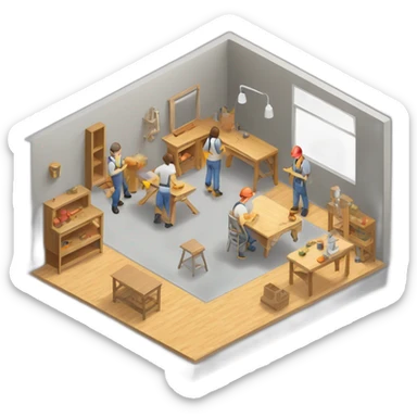 isometric square transparent solid outline border containing indoor woodshop people actively working grey floor sticker