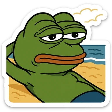 Pepe the Frog lying on the beach, transparent background, PNG sticker