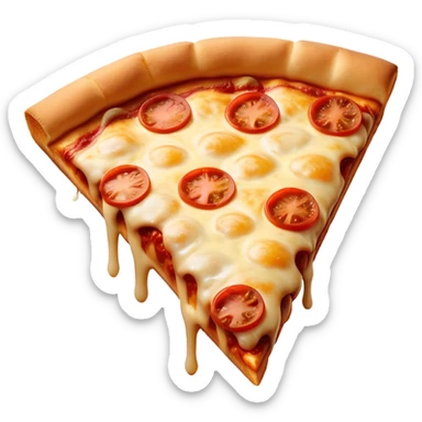 Cinematic cheesy pizza slice, gooey melted cheese stretching as a bite is taken, crispy golden crust, rich tomato sauce, vibrant toppings, warm glowing background, inviting and delicious. sticker
