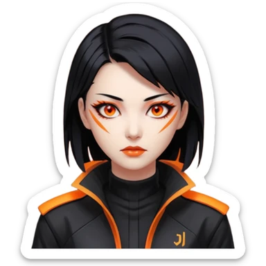 Cyberpunk Japanese woman, mid-50s looking young, sharp features, sleek black hair, glowing orange eyes, vengeful expression, neon highlights. sticker