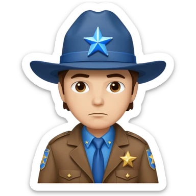 Sheriff with shiny blue star badge, brown jacket and blue hat sticker
