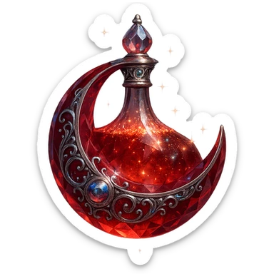 luxurious crystal elixir bottle in red moon shape, mysterious and mystical, deep red color, ornate silver and iridescent details, very small neck, seamless bottom, glowing and sparkling magical effects, transparent background, bottle floating in air, no base or shadow, modern, collection style sticker