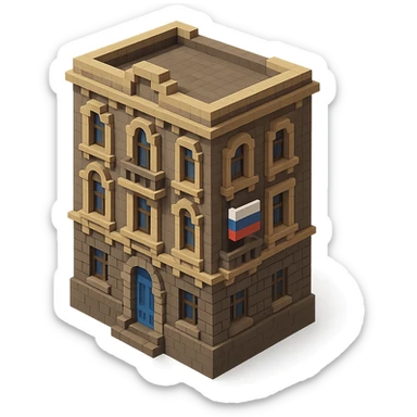 voxel style old Saint Petersburg building, gray-brown tones, ornate facade, Russian flag hanging from one window or balcony, isometric view sticker